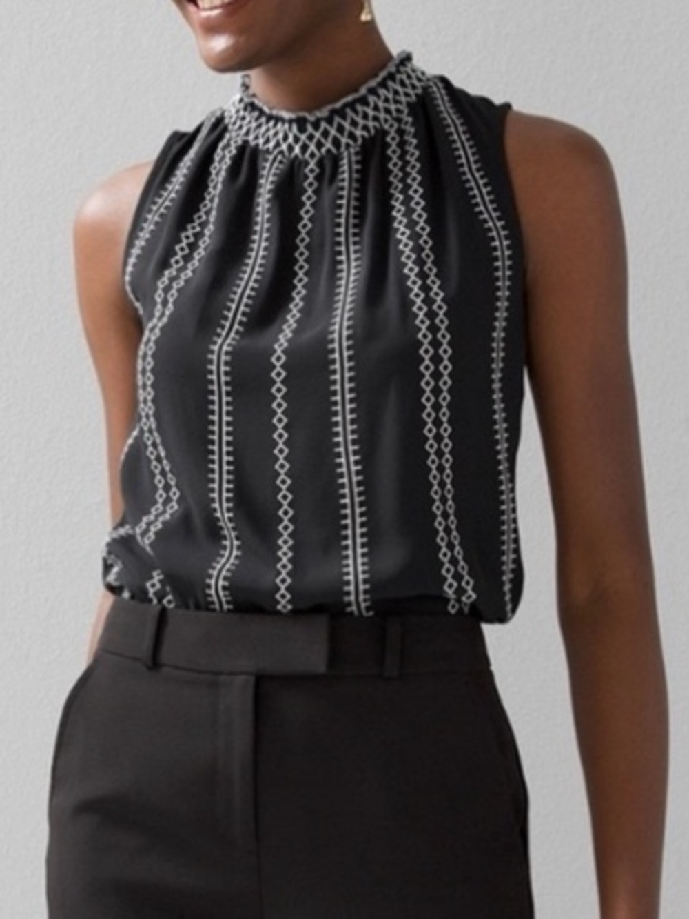 White House Black Market Contrast Stitch Black Mock Neck Embroidered Tank Top